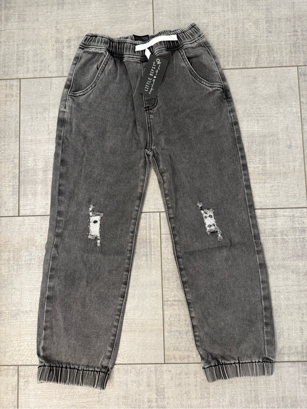 NWT Boys Little Bipsy Relaxed Distressed Denim Jogger Dark Grey Size 8